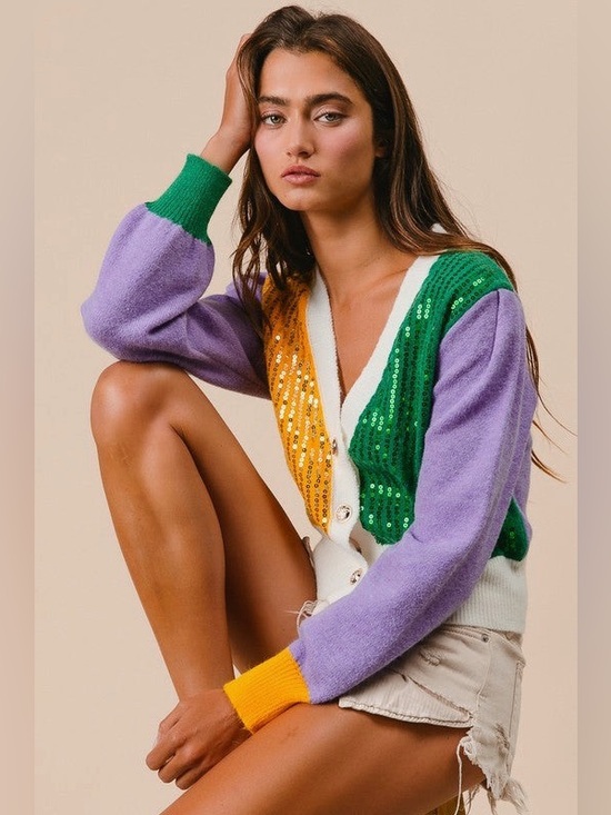 BiBi Madi Gras Colorblock Sequin Detail Button-Up Cardigan Sweater Size XL